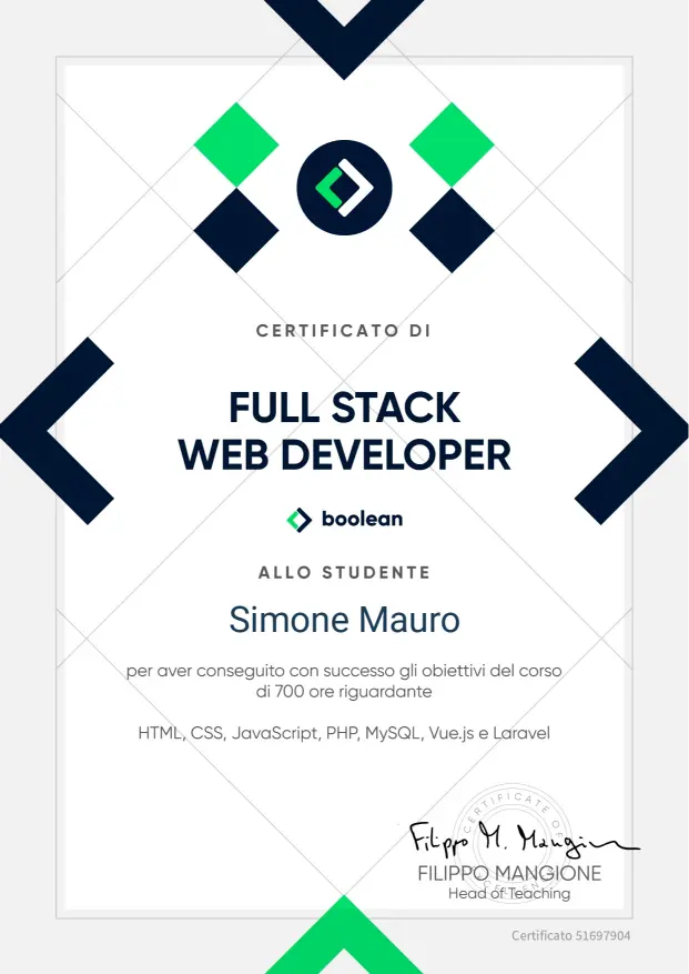 certificato corso boolean